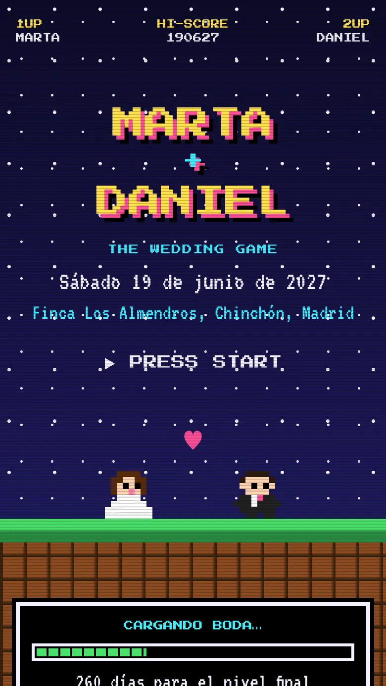 Ejemplo de web de boda de videojuego de los ochenta