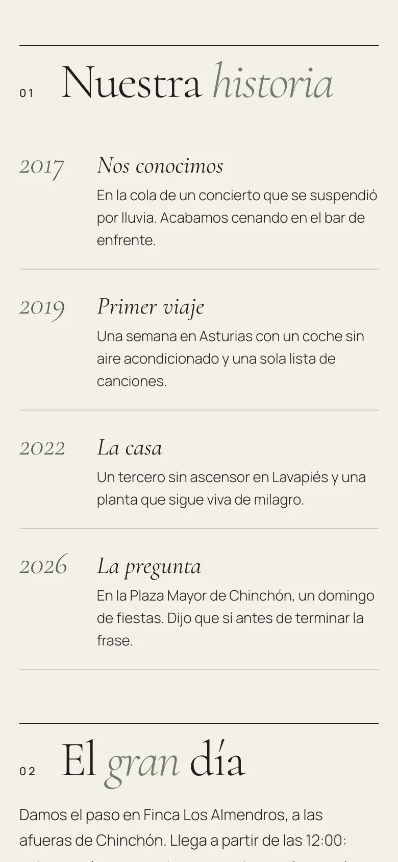 Sección con la historia de la pareja en la web de ejemplo Clásica
