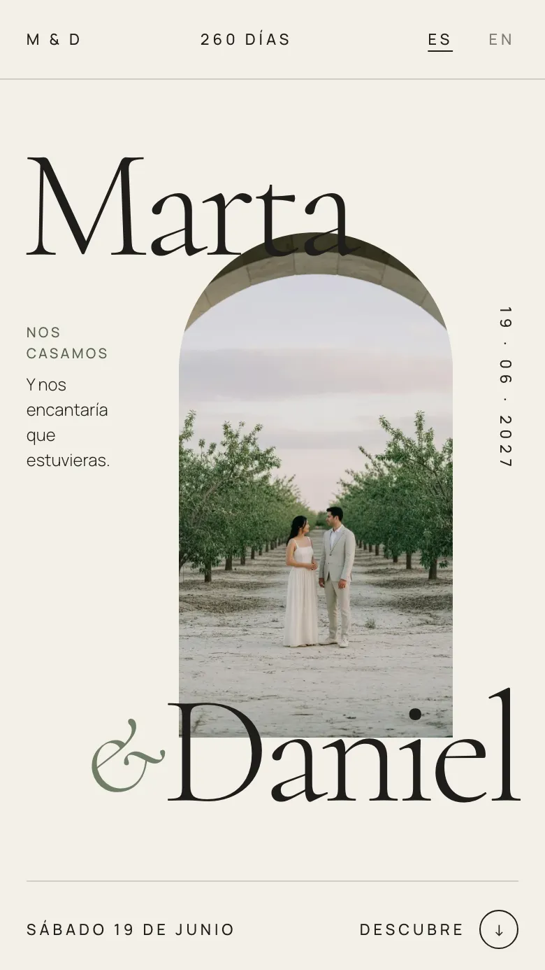 Ejemplo de web de boda elegante con foto en arco