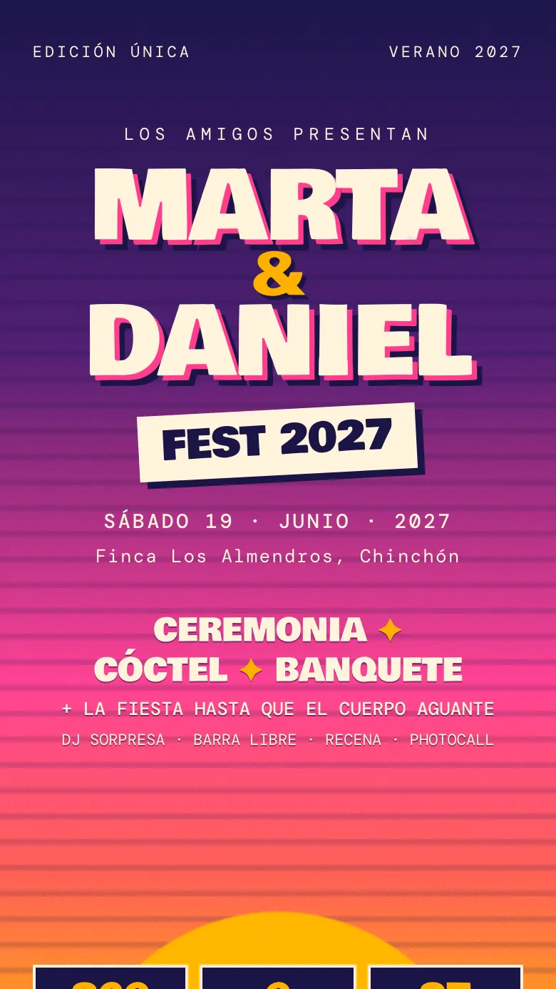 Ejemplo de web de boda estilo festival con cartel y line-up