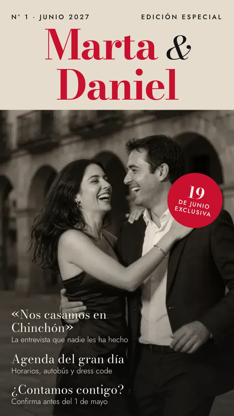 Ejemplo de web de boda tipo periódico con portada de revista