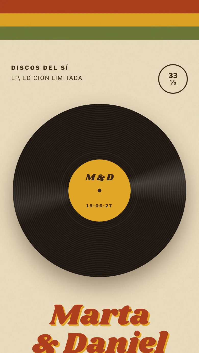 Ejemplo de web de boda temática musical con disco de vinilo