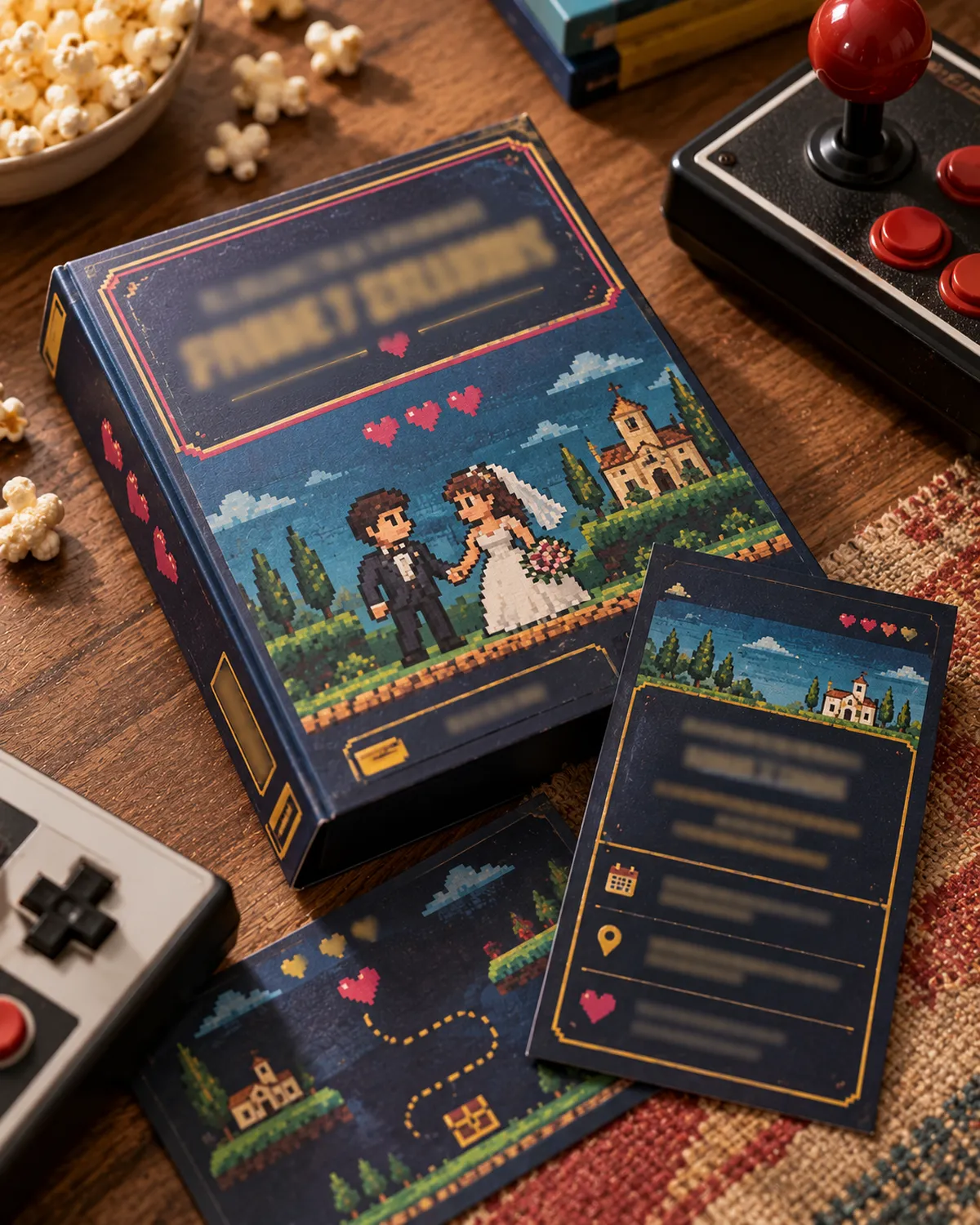 Invitación de boda temática de videojuegos con estilo pixel art