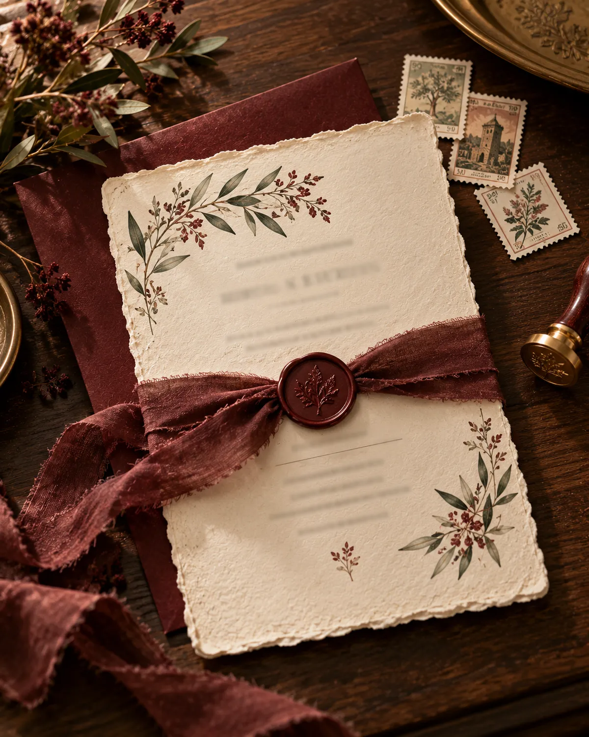 Invitación de boda vintage con cinta granate y sello de lacre