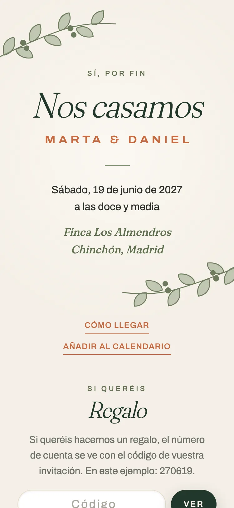 Invitación de boda digital con hora, lugar, cómo llegar y regalo