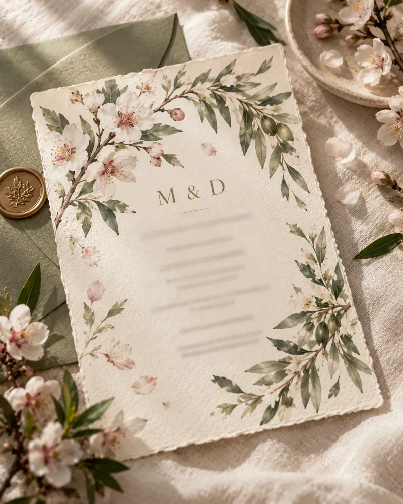 Invitación de boda original botánica con ramas y flores dibujadas