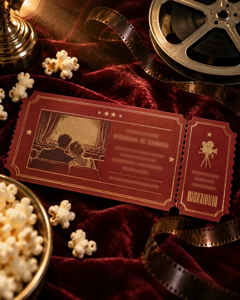 Invitación de boda de cine como una entrada de estreno