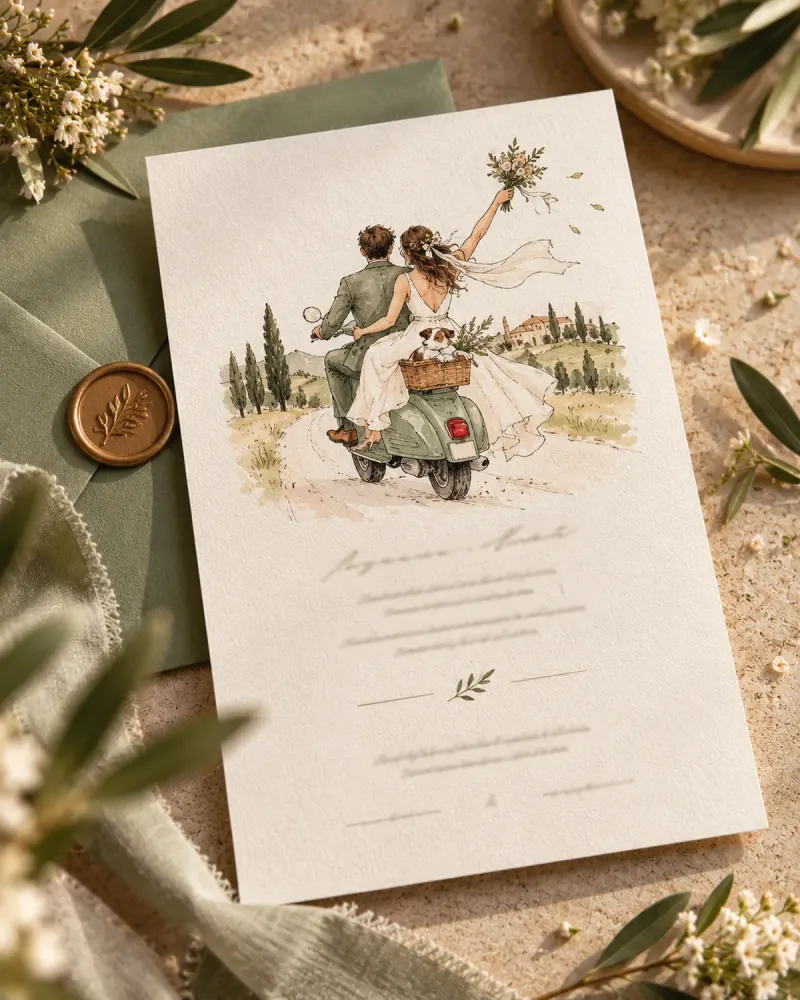 Invitación de boda original con una ilustración de la pareja