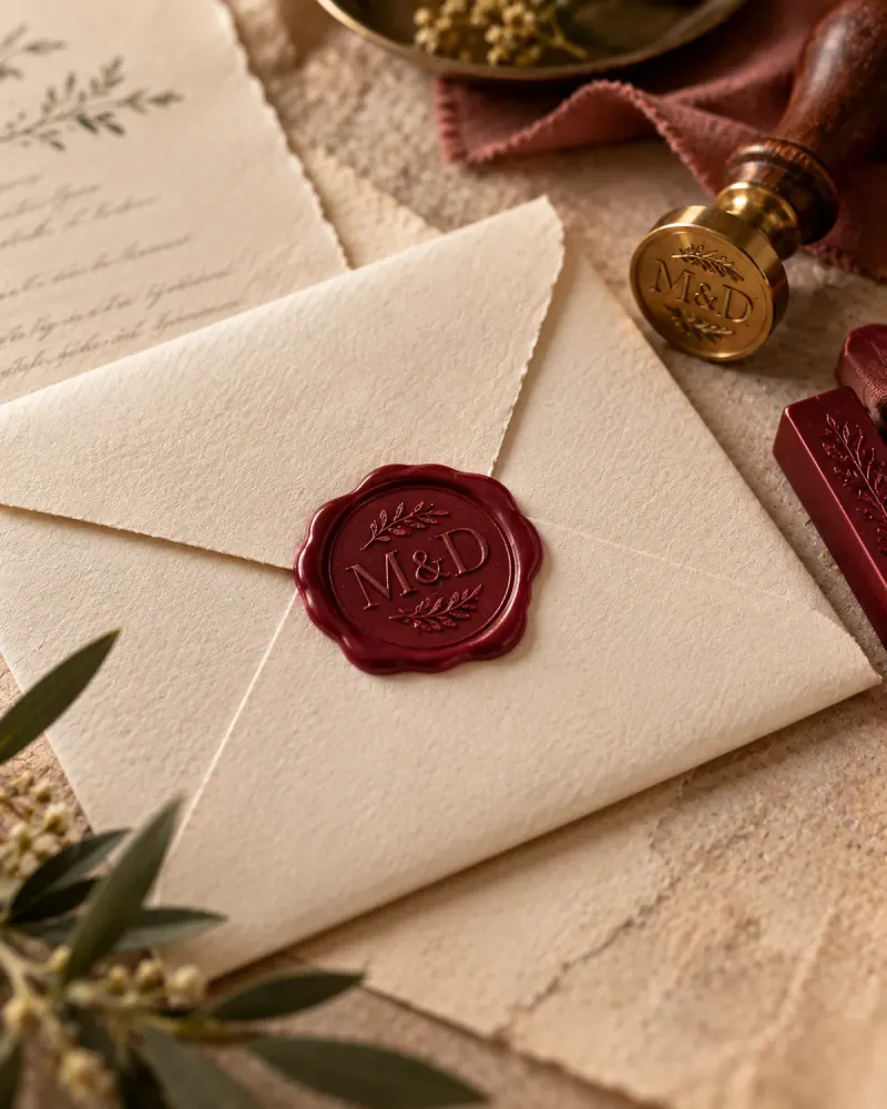 Lacre de cera con las iniciales de los novios para la invitación de boda