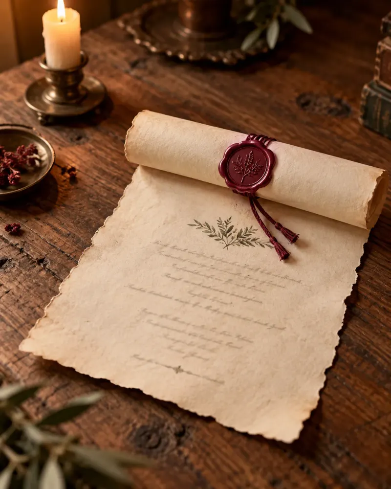 Invitación de boda original medieval en pergamino con lacre