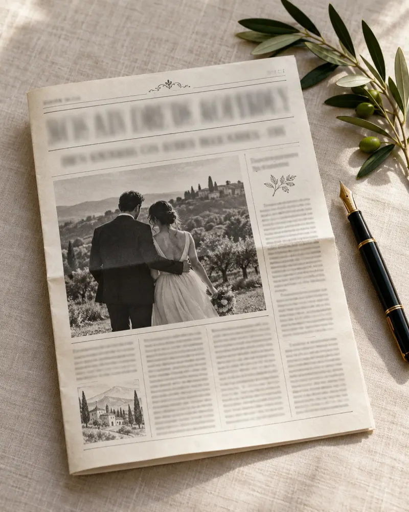 Invitación de boda original tipo periódico con titular y foto