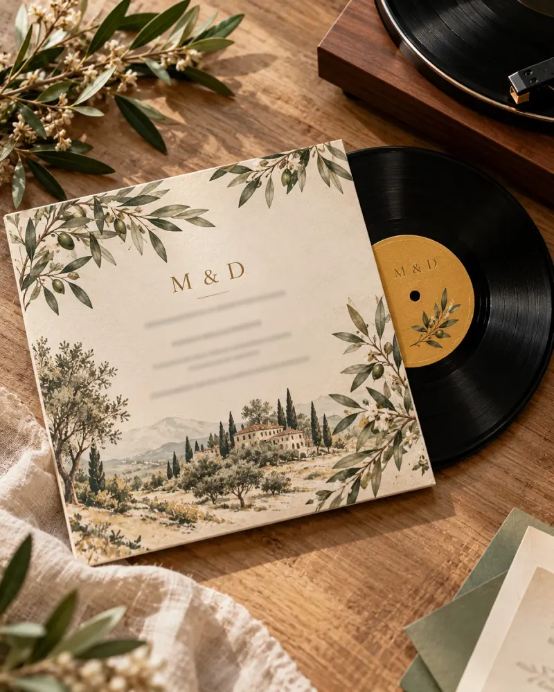 Invitación de boda temática musical con forma de disco de vinilo