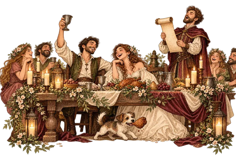 Ilustración de un banquete de boda medieval con velas y brindis
