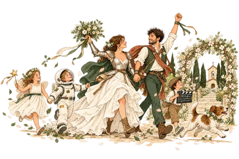 Ilustración de una boda temática con invitados disfrazados bailando