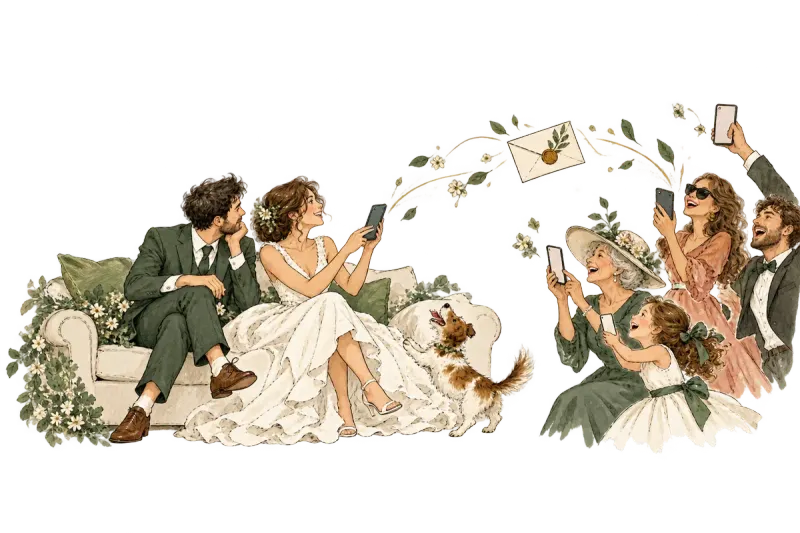 Ilustración de unos novios enviando su invitación de boda digital por WhatsApp