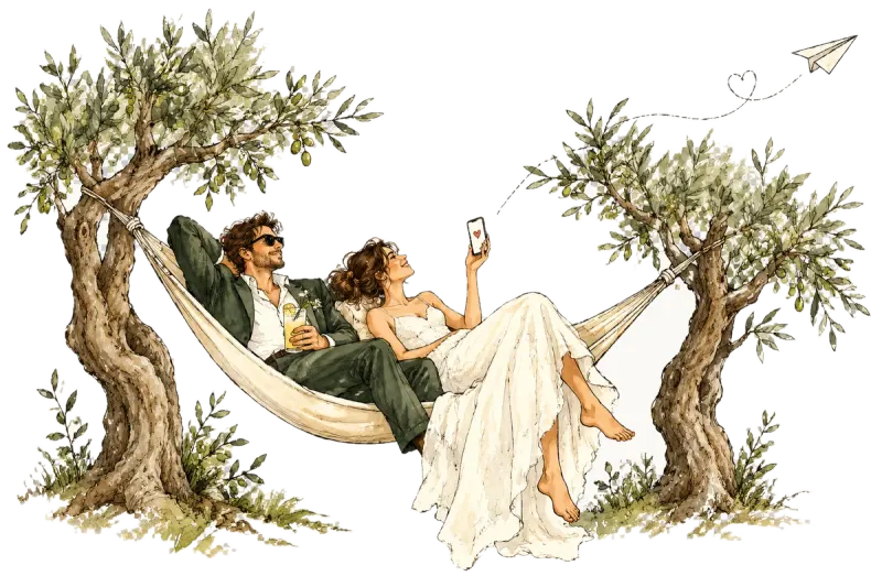 Pareja tranquila con la página web de su boda ya hecha