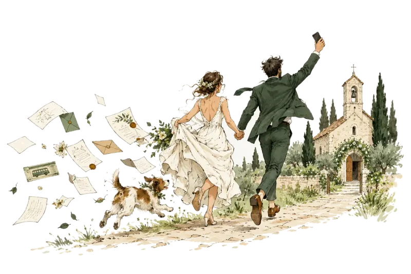 Ilustración de unos novios con prisa: webs de boda para wedding planners