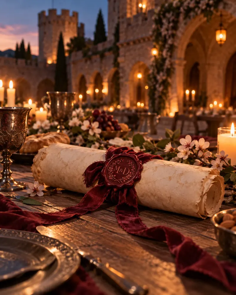 Invitación de boda medieval enrollada con lacre sobre la mesa de un banquete en un castillo