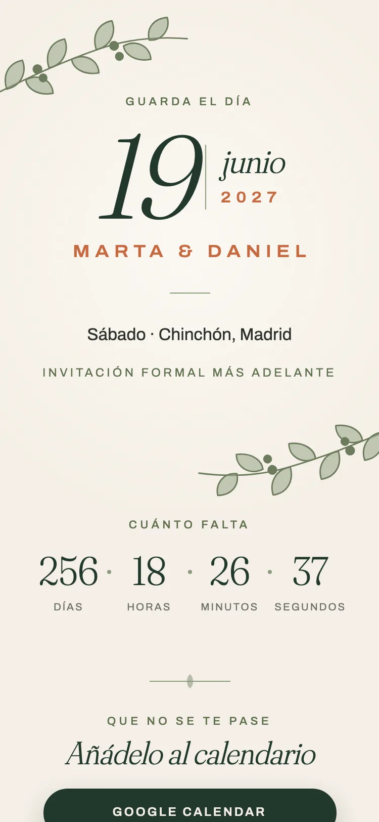 Save the date digital con fecha, cuenta atrás y botón para añadir al calendario